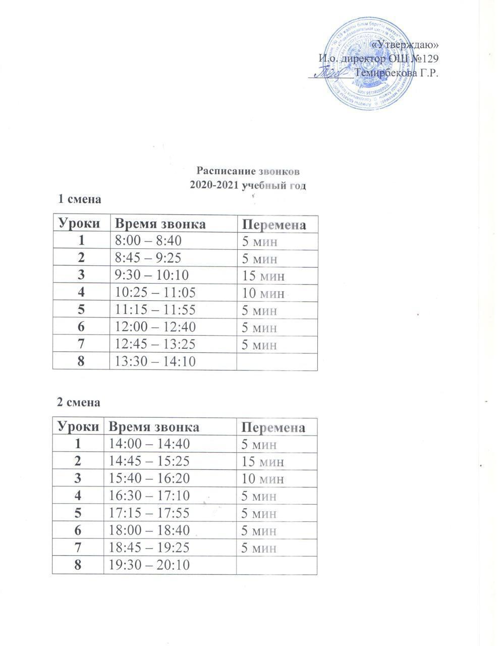 Расписание звонков » КГУ Общеобразовательная Школа №129