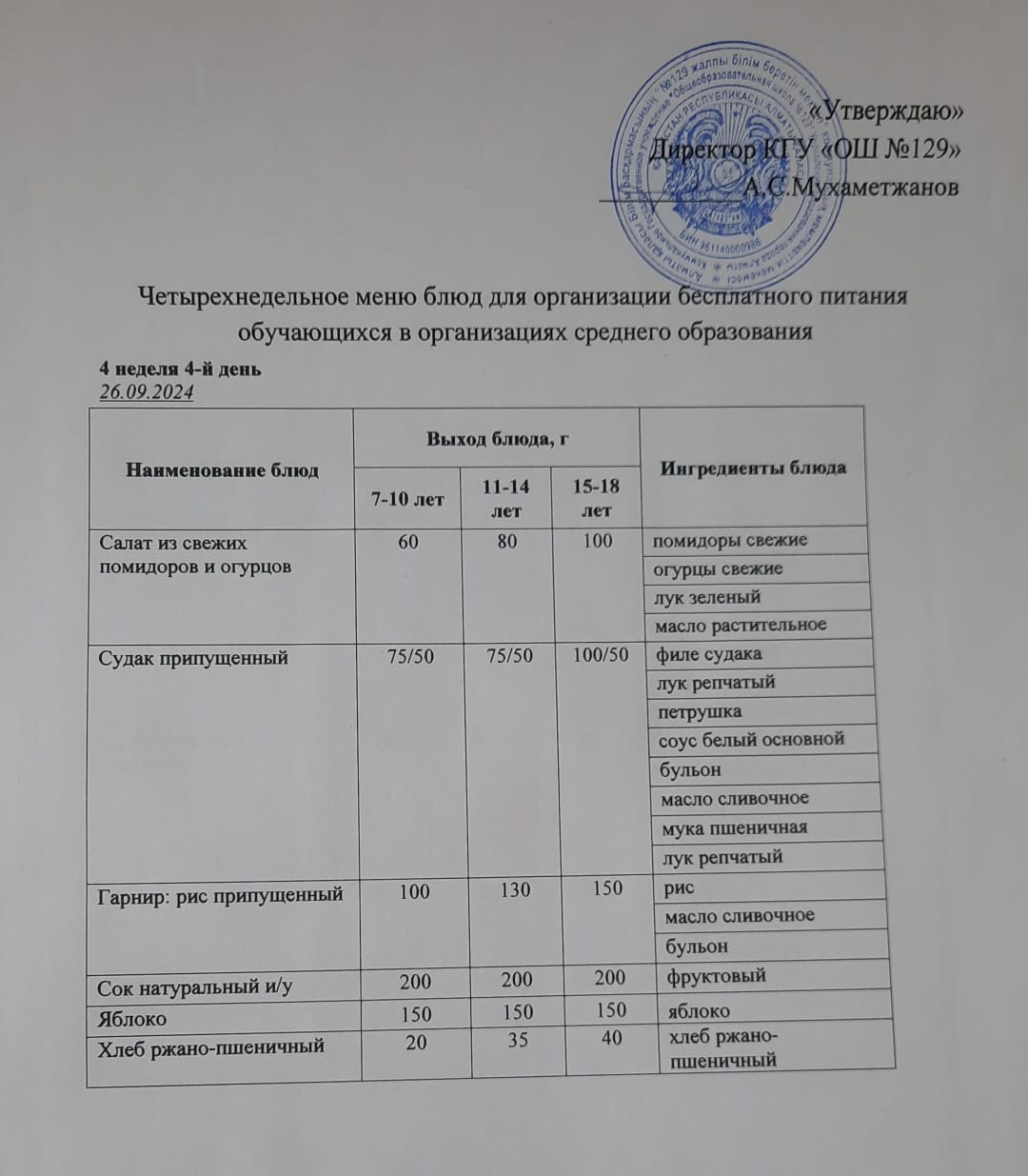 26.09.2024 арналған асхана мәзірі/ Меню столовой на 26.09.2024 год