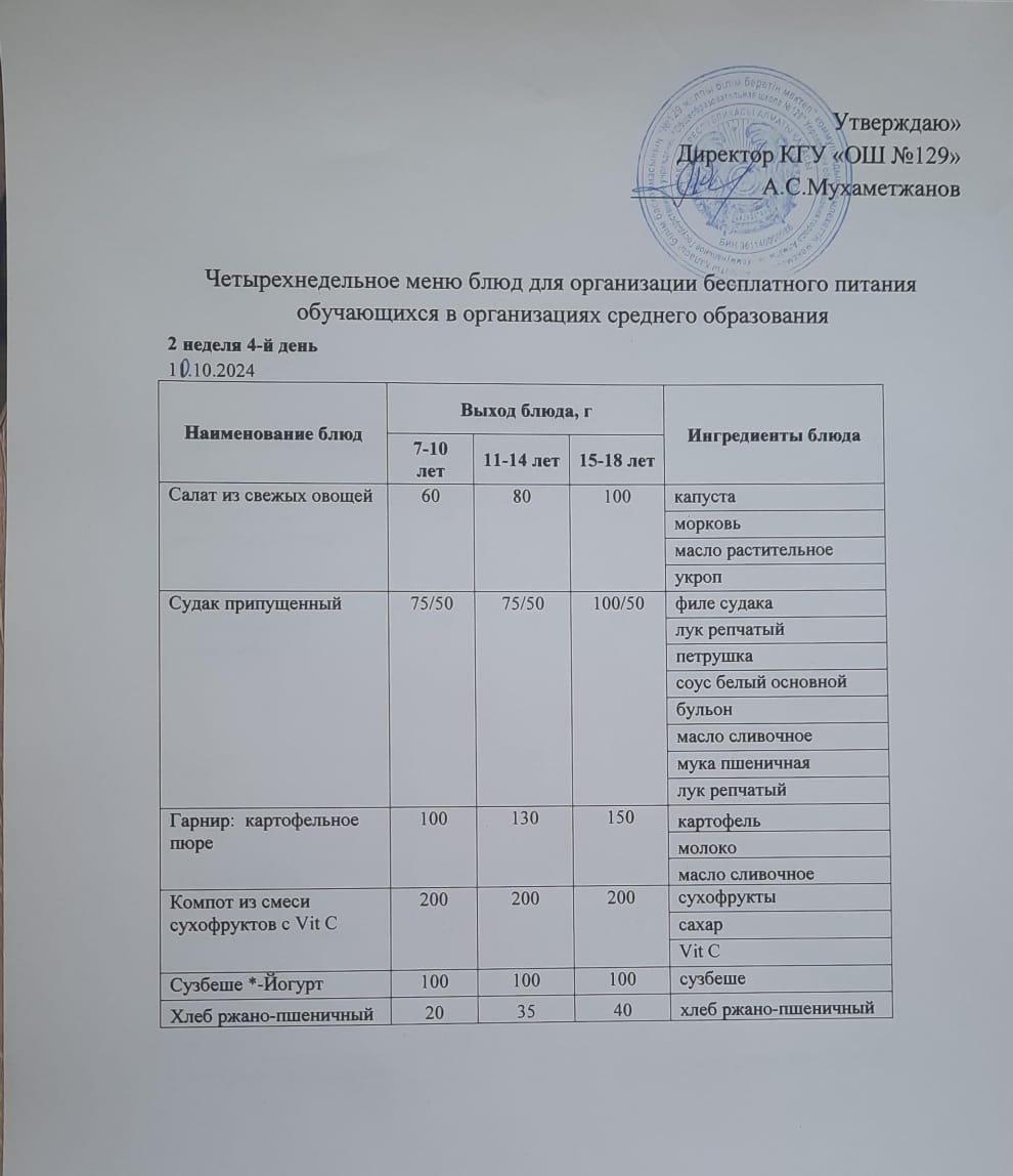 10.10.2024 арналған асхана мәзірі/ Меню столовой на 10.10.2024 год