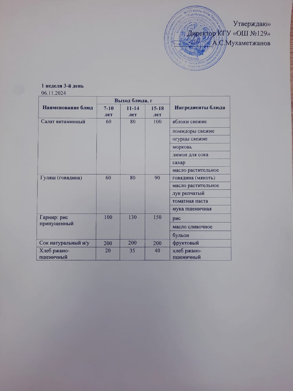 06.11.2024 арналған асхана мәзірі/ Меню столовой на 06.11.2024 год