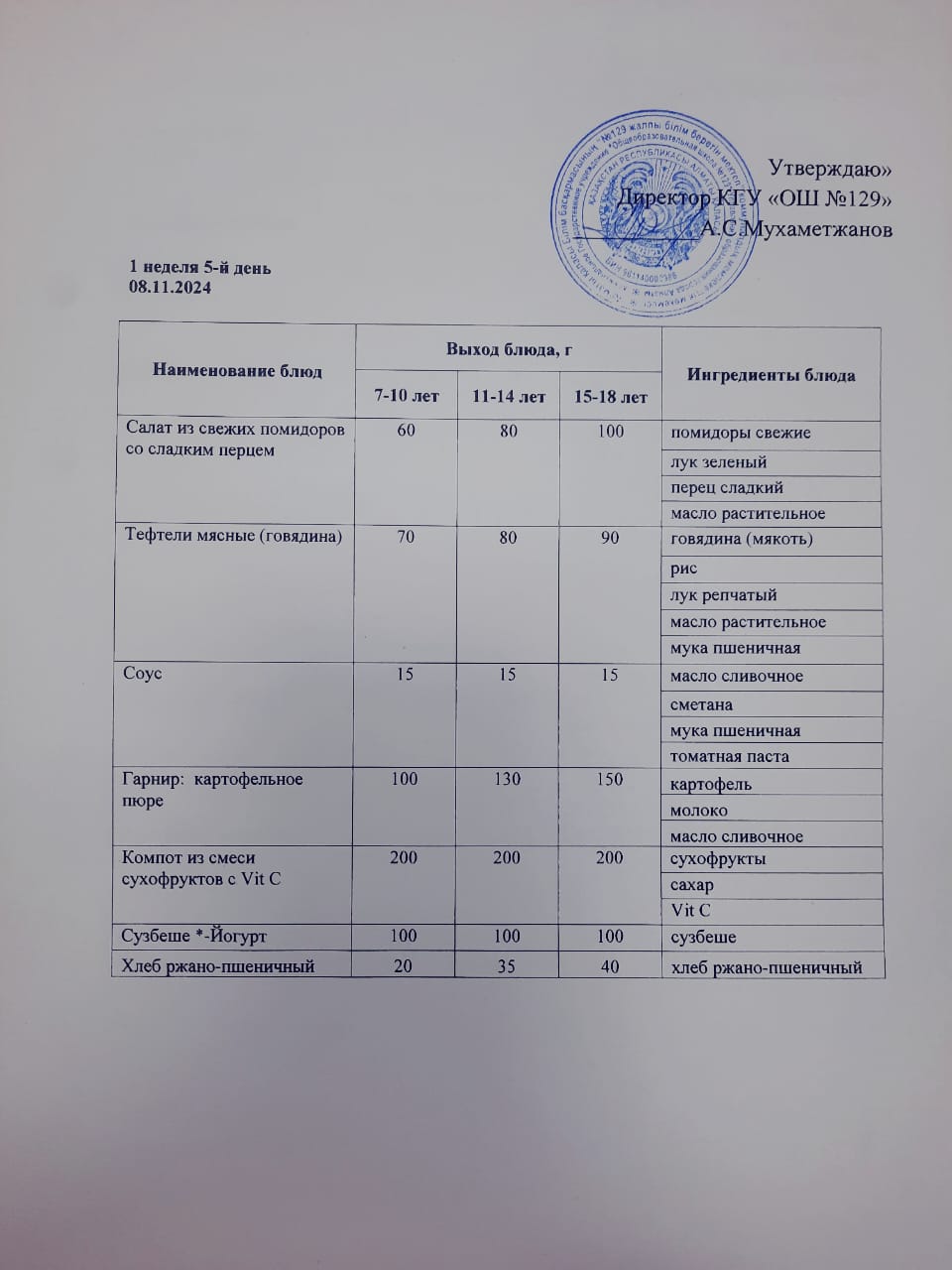 08.11.2024 арналған асхана мәзірі/ Меню столовой на 08.11.2024 год