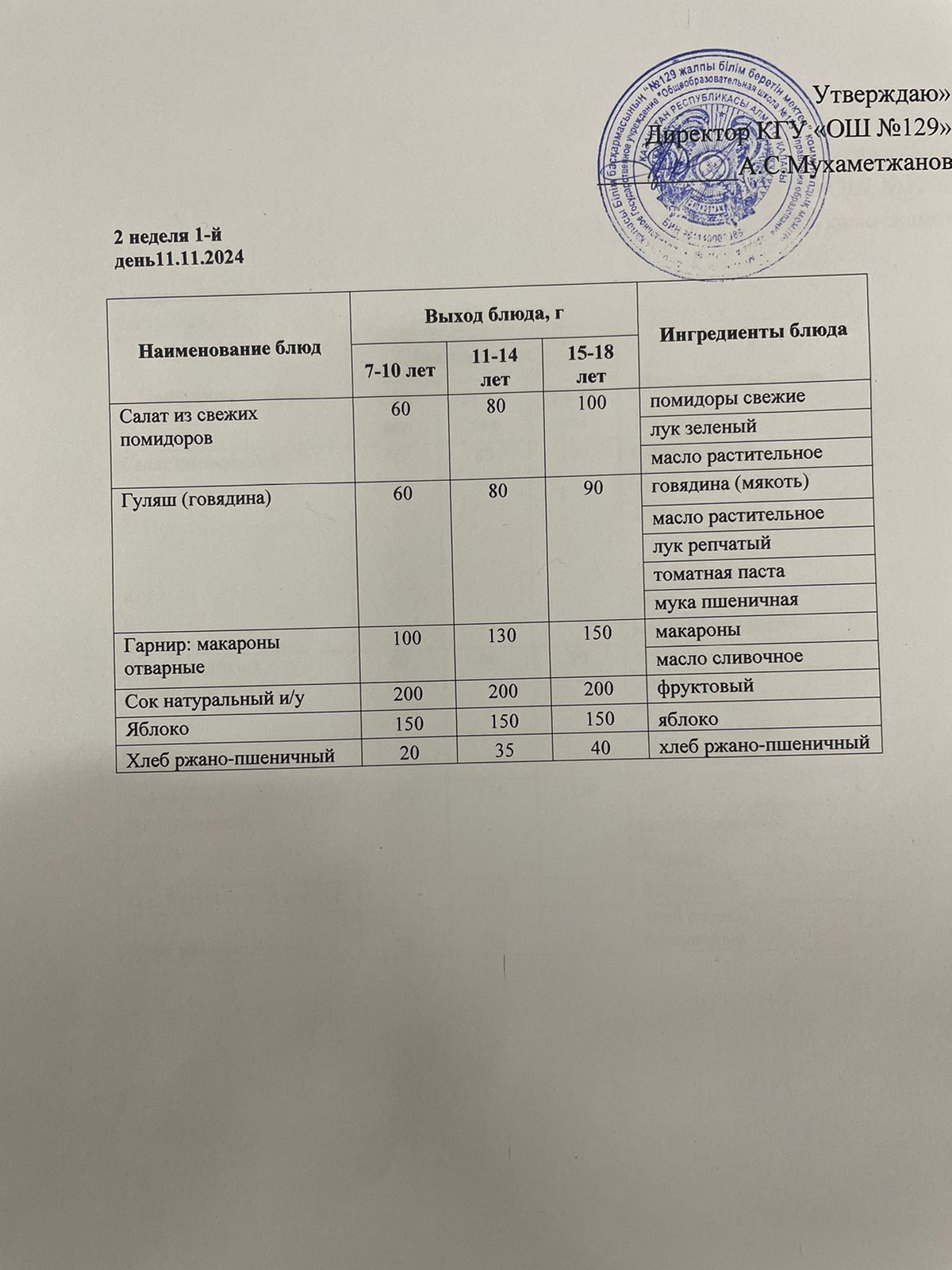 11.11.2024 арналған асхана мәзірі/ Меню столовой на 11.11.2024 год