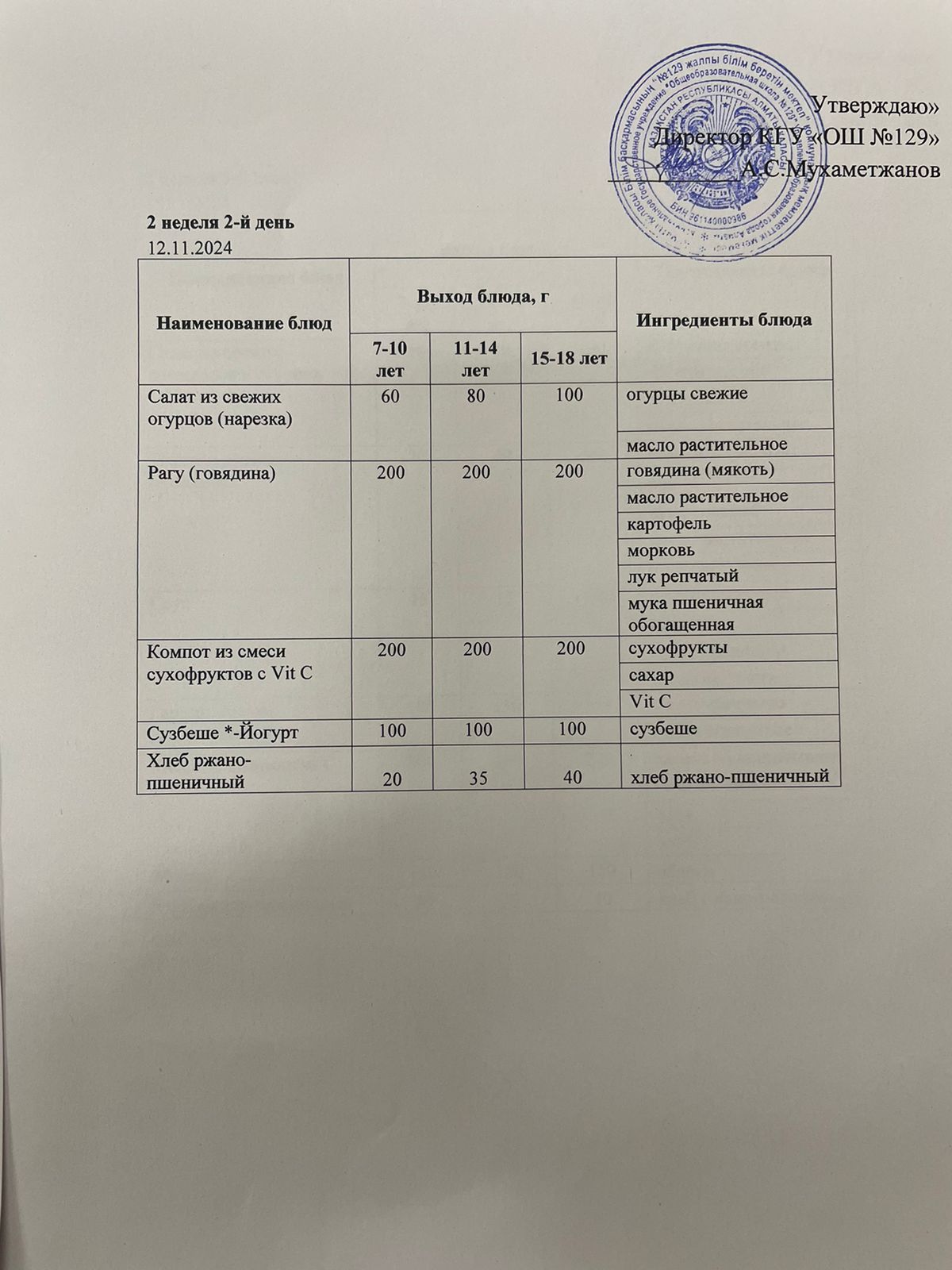 12.11.2024 арналған асхана мәзірі/ Меню столовой на 12.11.2024 год