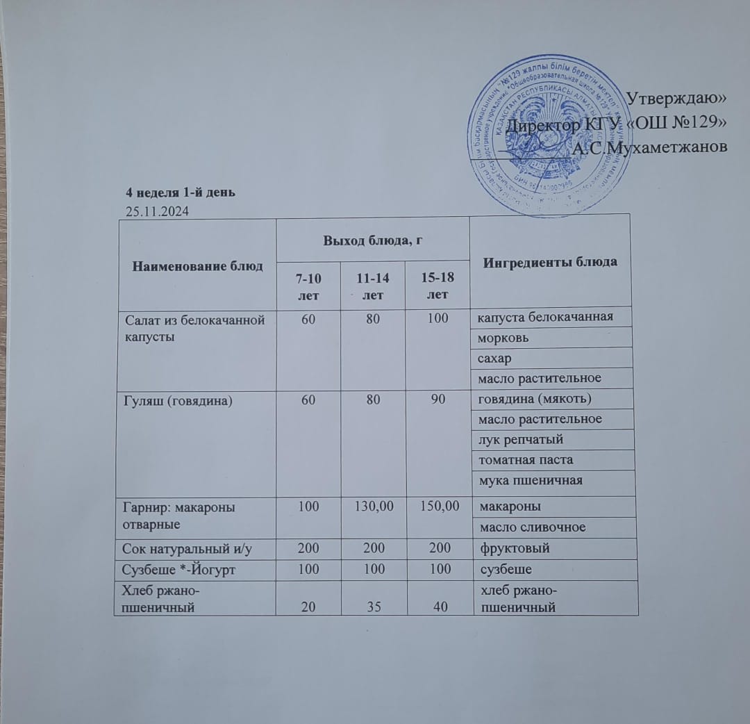 25.11.2024 арналған асхана мәзірі/ Меню столовой на 25.11.2024 год