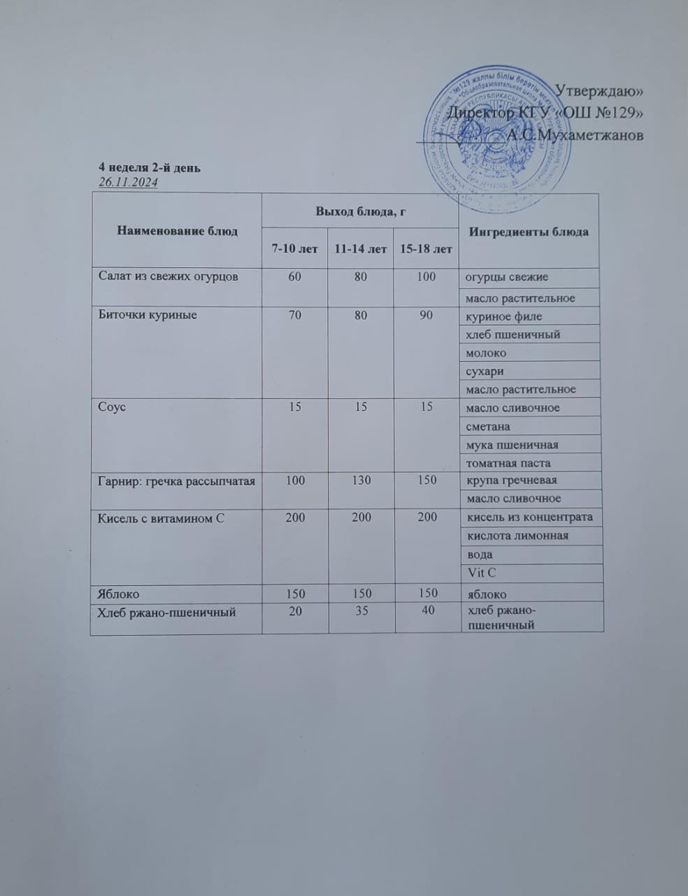 26.11.2024 арналған асхана мәзірі/ Меню столовой на 26.11.2024 год