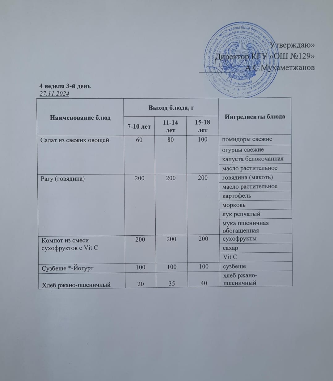 27.11.2024 арналған асхана мәзірі/ Меню столовой на 27.11.2024 год