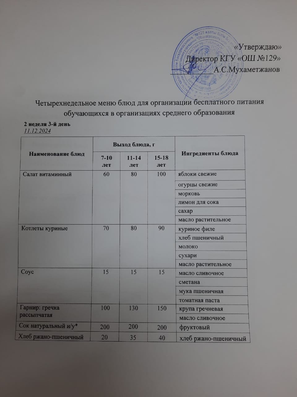 11.12.2024 арналған асхана мәзірі/ Меню столовой на 11.12.2024 год