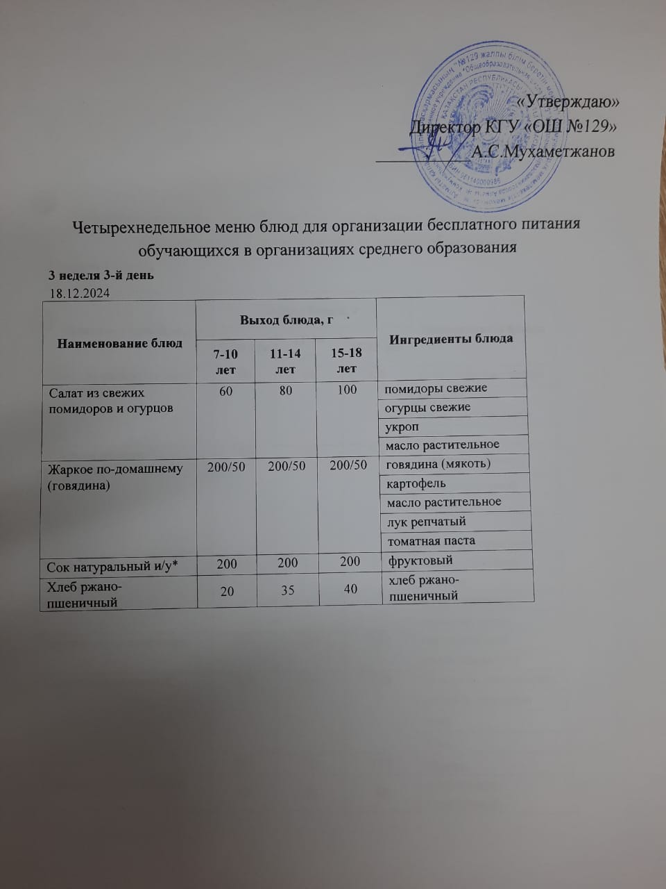 18.12.2024 арналған асхана мәзірі/ Меню столовой на 18.12.2024 год