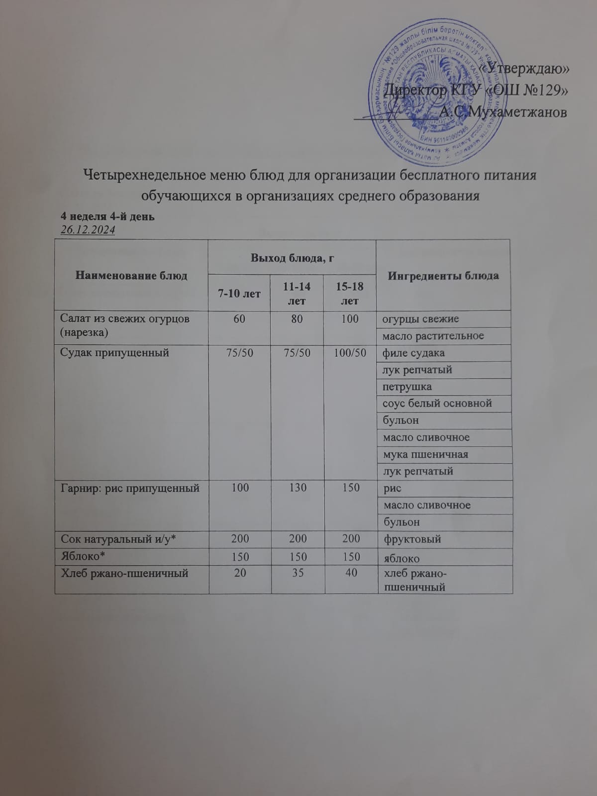 26.12.2024 арналған асхана мәзірі/ Меню столовой на 26.12.2024 год