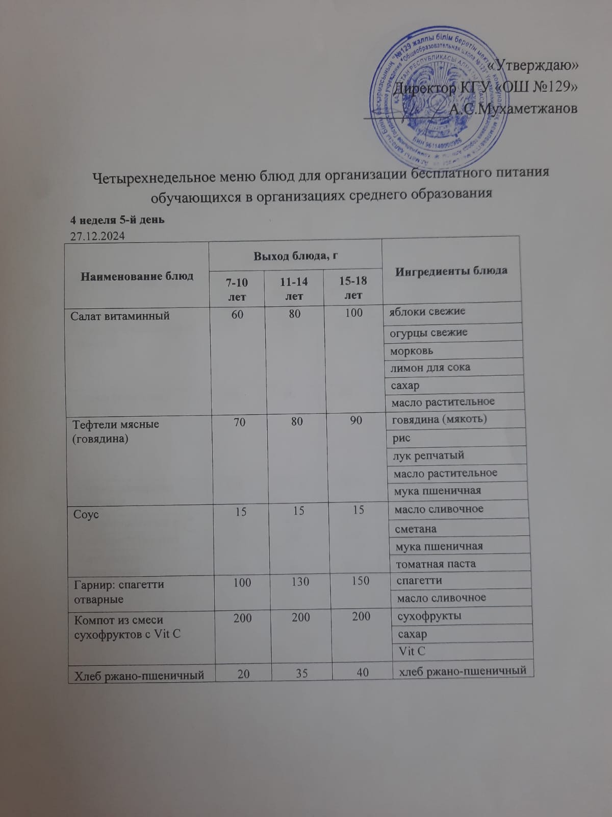 27.12.2024 арналған асхана мәзірі/ Меню столовой на 27.12.2024 год