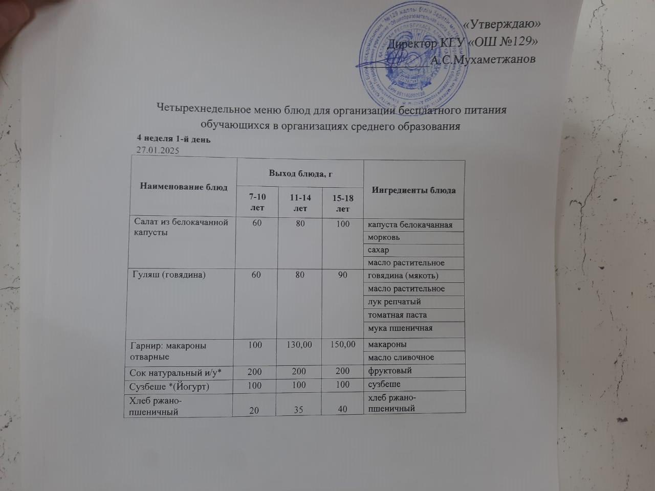 27.01.2025 арналған асхана мәзірі/ Меню столовой на 27.01.2025 год