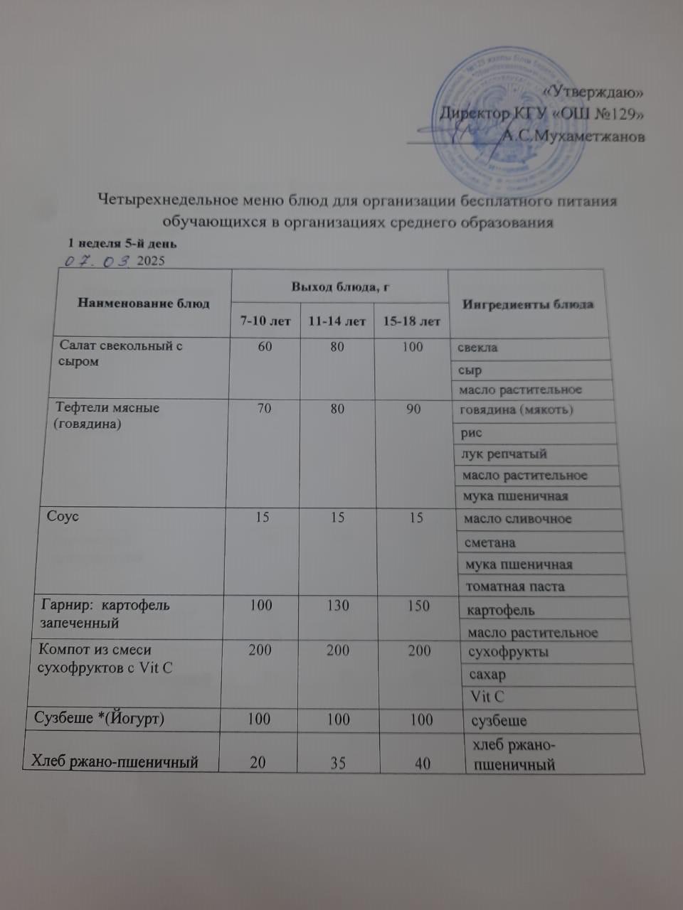 07.03.2025 арналған асхана мәзірі/ 07.03.2025 Меню столовой на год