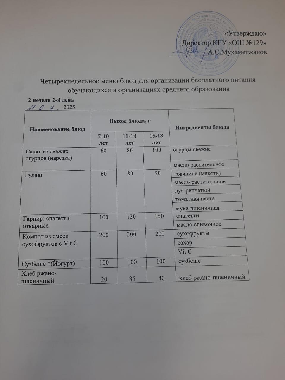 11.03.2025 арналған асхана мәзірі/ 11.03.2025 Меню столовой на год