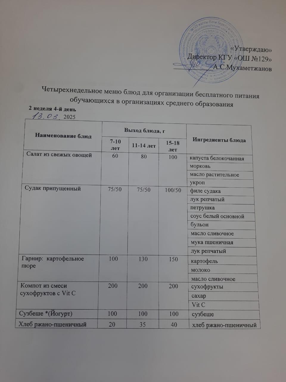 13.03.2025 арналған асхана мәзірі/ 13.03.2025 Меню столовой на год