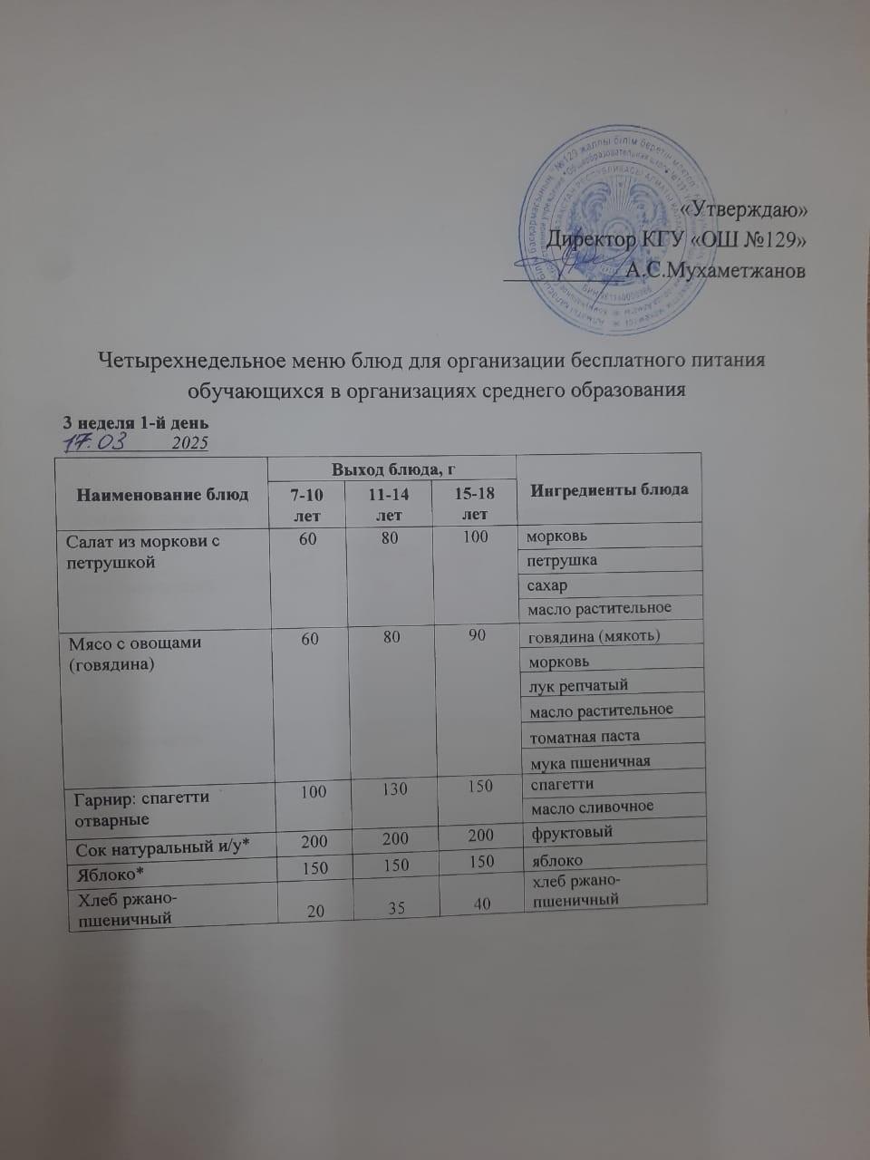 17.03.2025 арналған асхана мәзірі/ 17.03.2025 Меню столовой на год