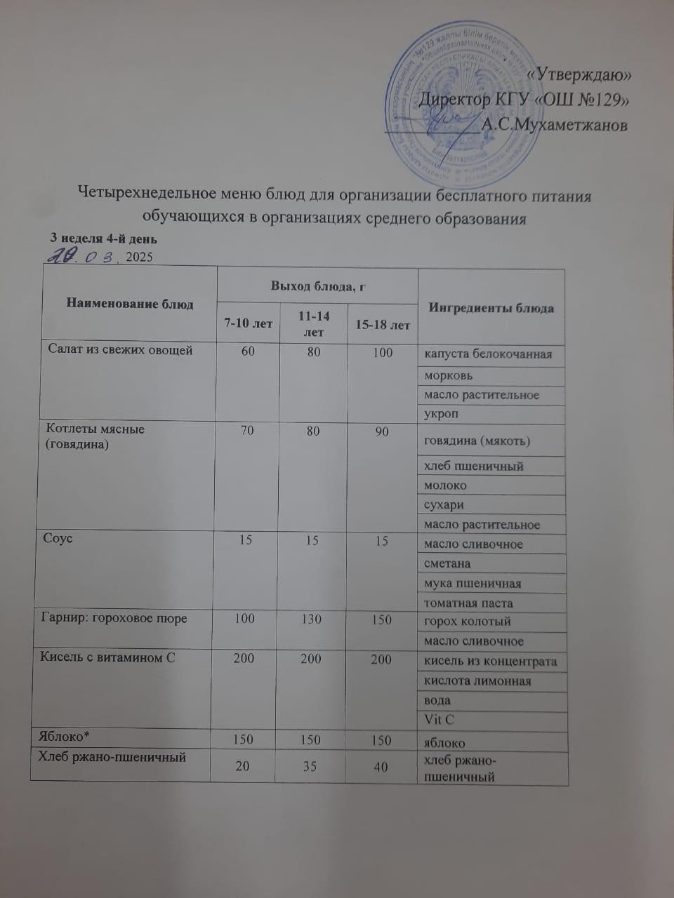 20.03.2025 арналған асхана мәзірі/ 20.03.2025 Меню столовой на год