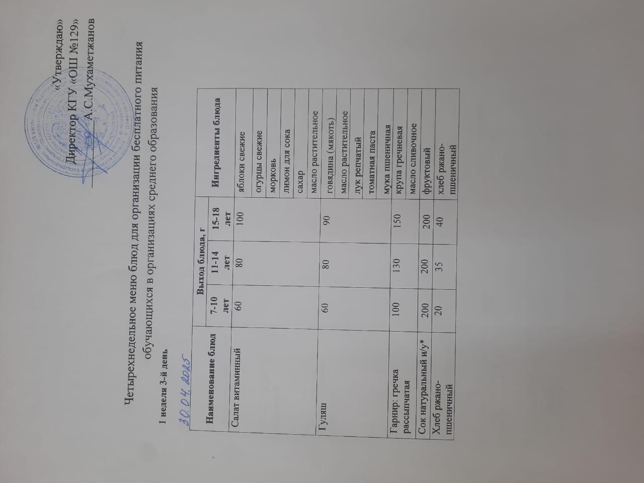30.04.2025 арналған асхана мәзірі/ 30.04.2025 Меню столовой на год
