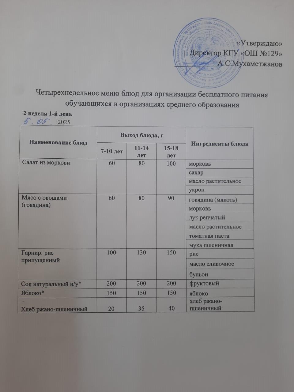 05.05.2025 арналған асхана мәзірі/ 05.05.2025 Меню столовой на год