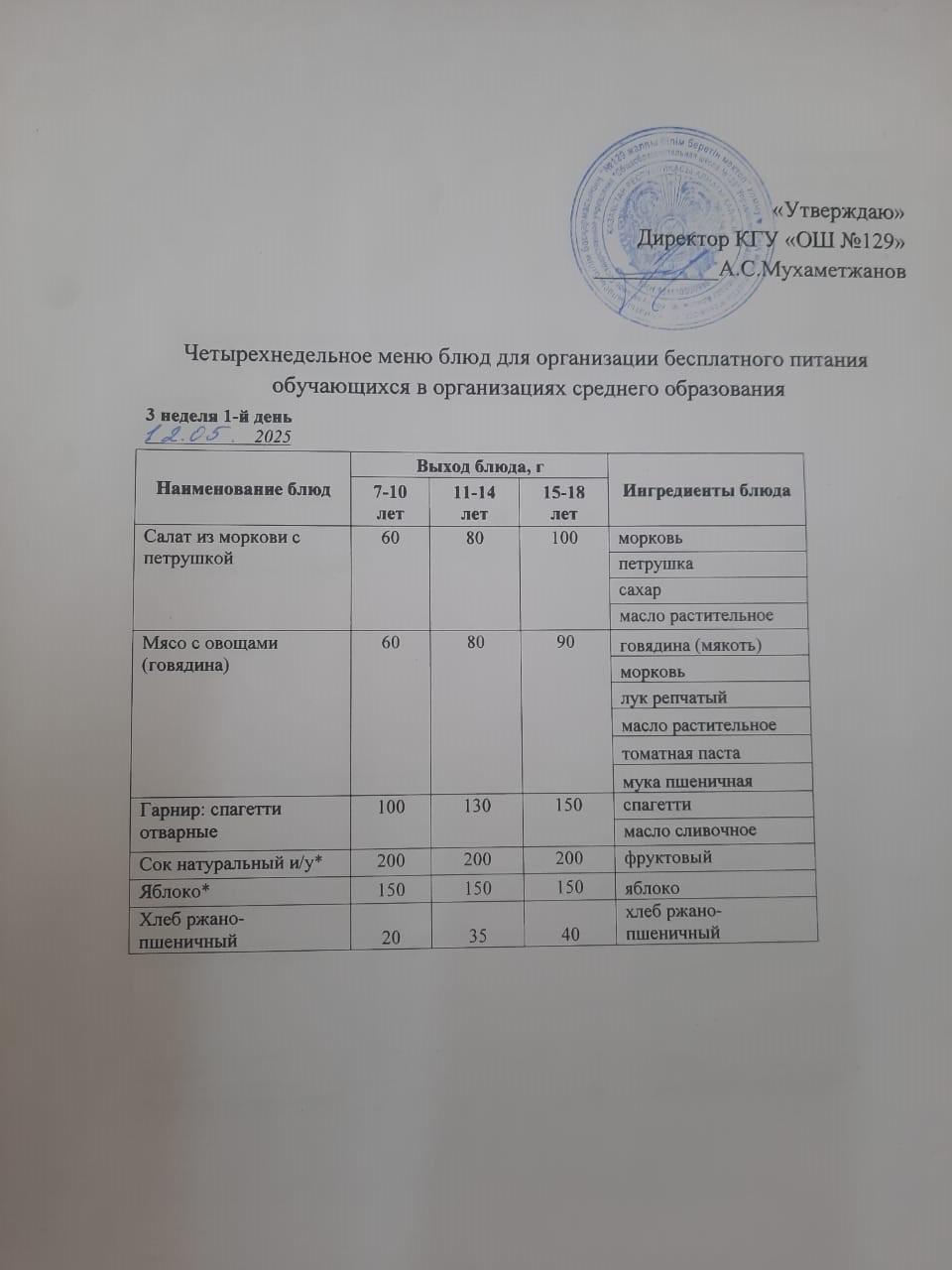 12.05.2025 арналған асхана мәзірі/ 12.05.2025 Меню столовой на год