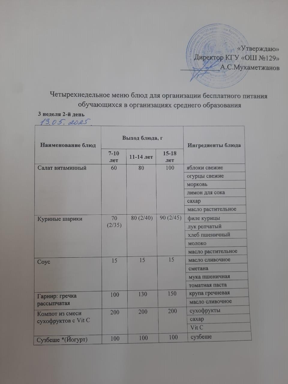 13.05.2025 арналған асхана мәзірі/ 13.05.2025 Меню столовой на год