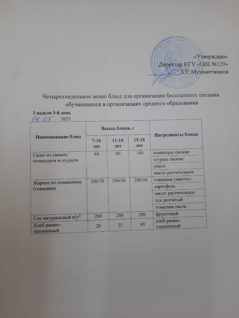 14.05.2025 арналған асхана мәзірі/ 14.05.2025 Меню столовой на год