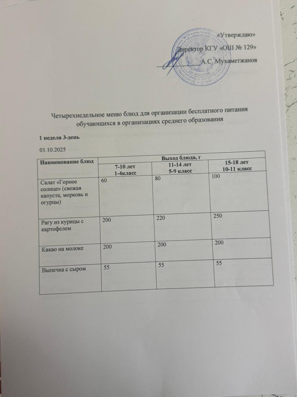 01.10.2025 арналған асхана мәзірі/ 01.10.2025 Меню столовой на год