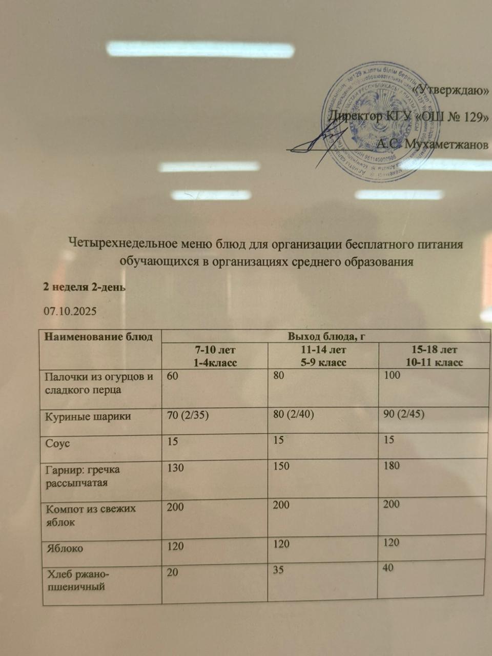 07.10.2025 арналған асхана мәзірі/ 07.10.2025 Меню столовой на год
