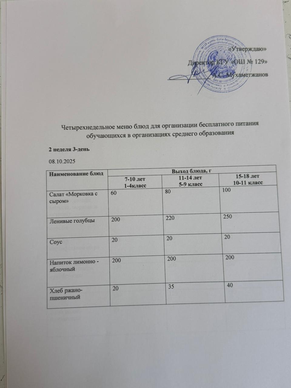 08.10.2025 арналған асхана мәзірі/ 08.10.2025 Меню столовой на год