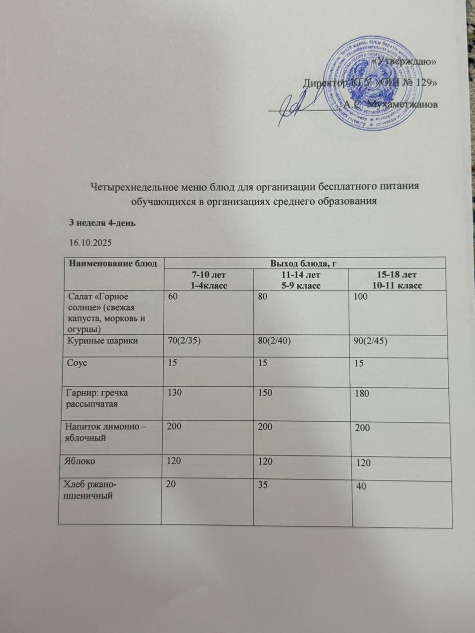 16.10.2025 арналған асхана мәзірі/ 16.10.2025 Меню столовой на год