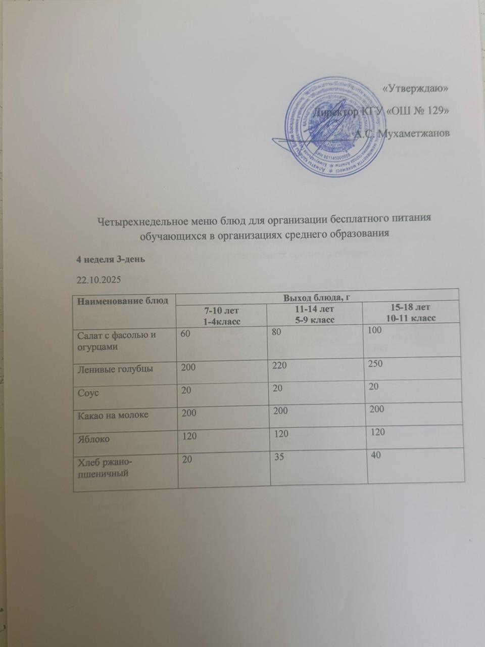 22.10.2025 арналған асхана мәзірі/ 22.10.2025 Меню столовой на год