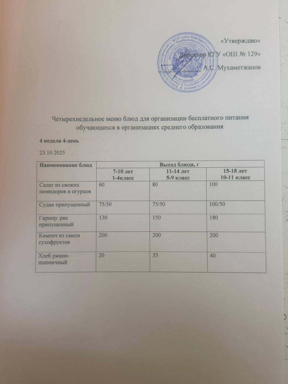 23.10.2025 арналған асхана мәзірі/ 23.10.2025 Меню столовой на год