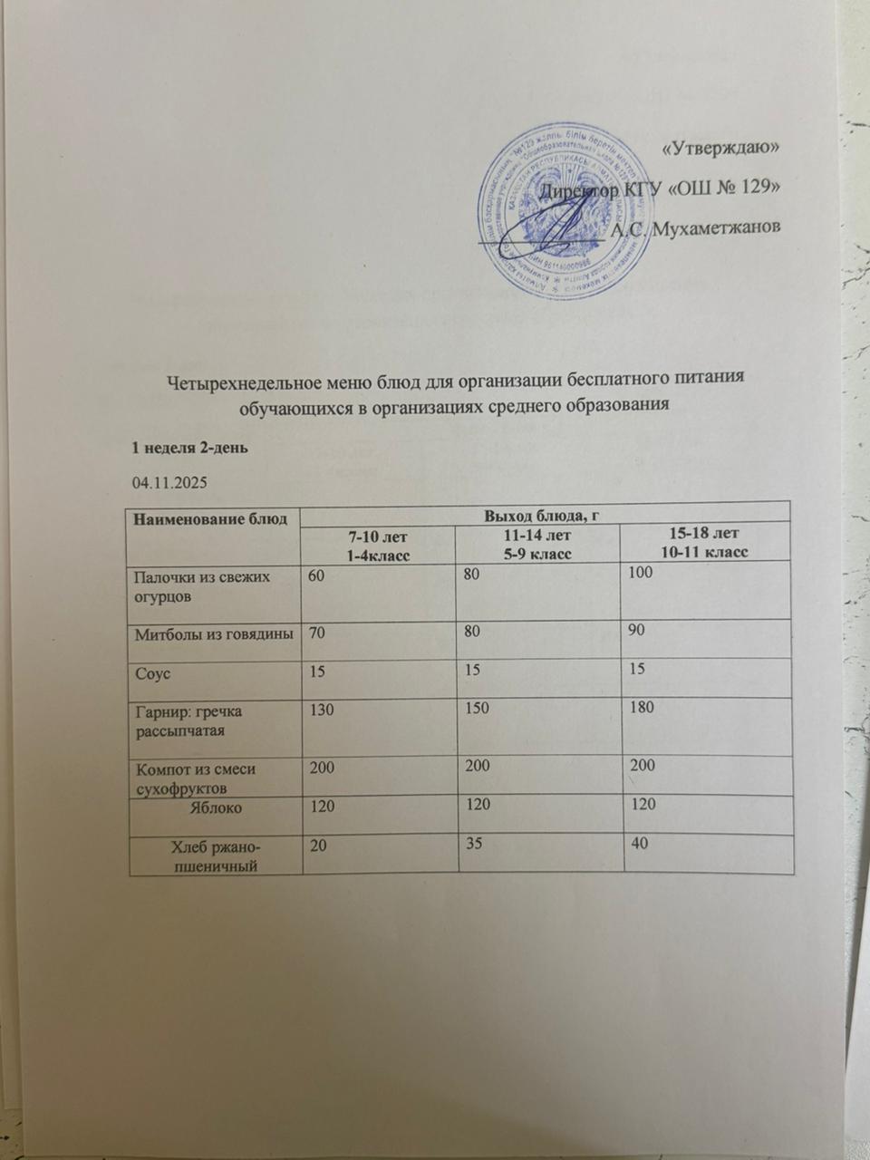 04.11.2025 арналған асхана мәзірі/ 04.11.2025 Меню столовой на год