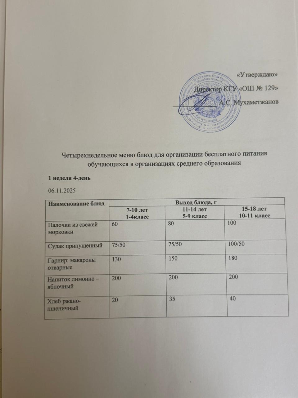 06.11.2025 арналған асхана мәзірі/ 06.11.2025 Меню столовой на год