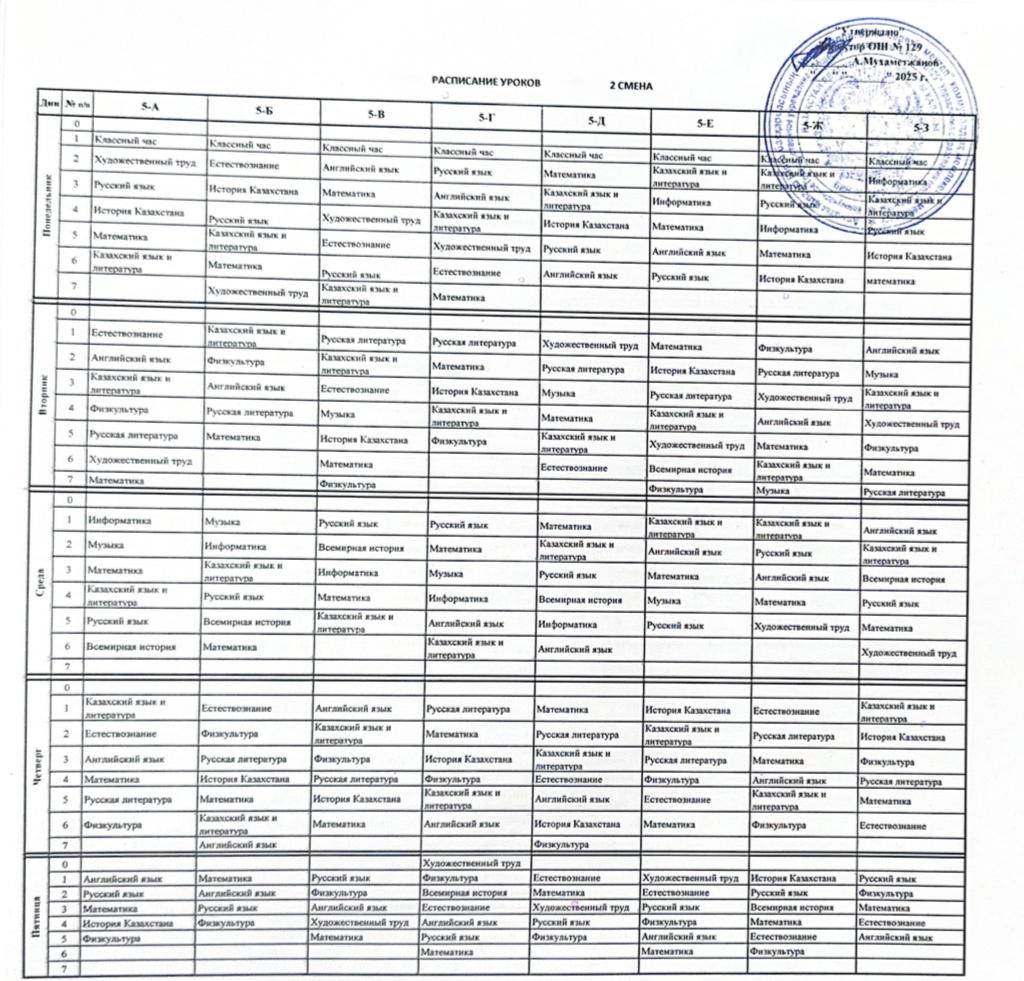 Сабақ кестесі  5-11 сыныптар, 2025-2026 оқу жылы. Расписание уроков 5-11 классы, 2025-2026 учебный год